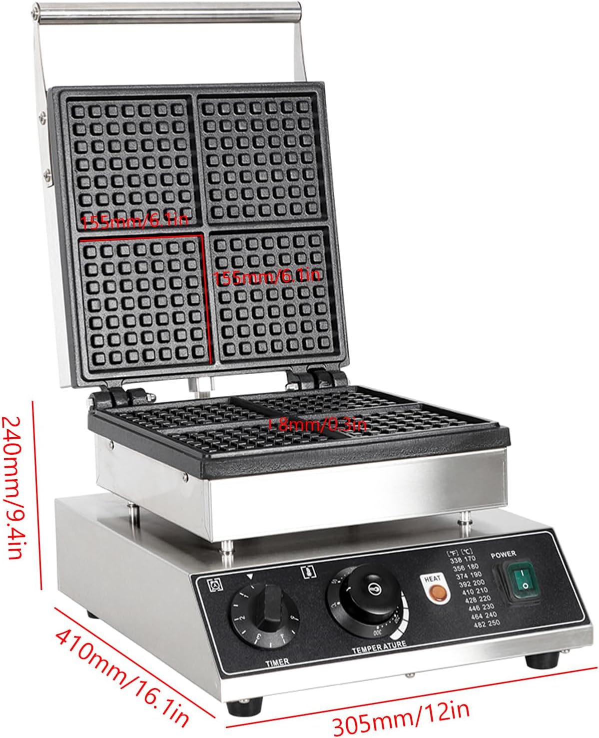 Industrial Waffle Maker 1750W Square Waffle Iron, 110V Non-Stick Waffle Baker Machine, 4 Slice Belgian Waffle Maker Teflon-Coated Baking Pans Stainless Steel Body,50-300℃/122-572℉ Adjustable