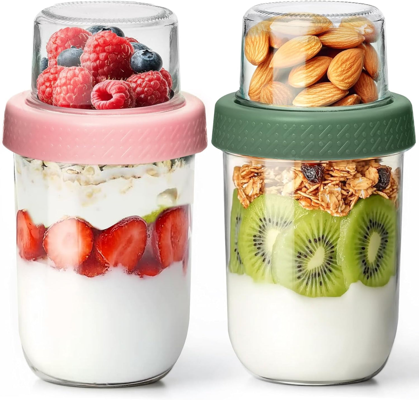 2 Pack 16 OZ Overnight Oats Containers with Lids, Dual-Layer Glass Meal Prep with Dry and Wet Separation, Airtight Food Jars for Oatmeal Yogurt Parfait Cups Cereal Nut Fruit (Mixed color 2)