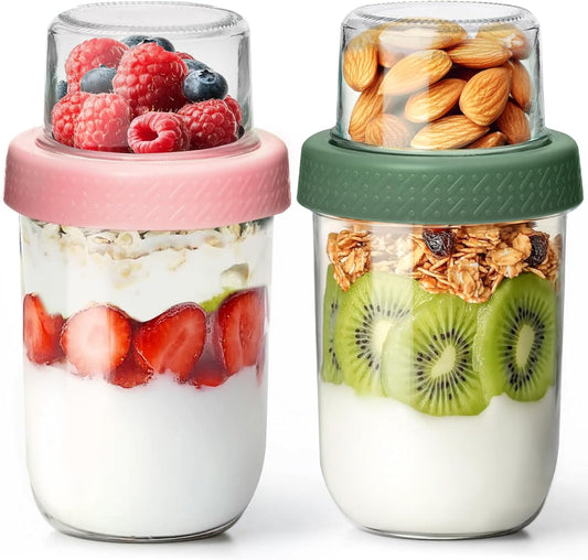 2 Pack 16 OZ Overnight Oats Containers with Lids, Dual-Layer Glass Meal Prep with Dry and Wet Separation, Airtight Food Jars for Oatmeal Yogurt Parfait Cups Cereal Nut Fruit (Mixed color 2)