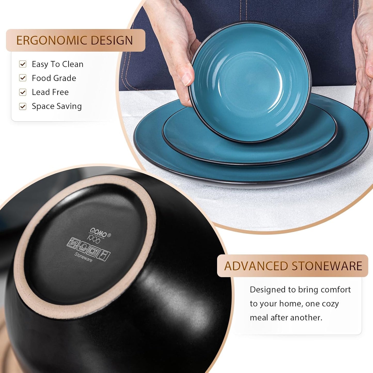 Plates and Bowls Sets for 4 - CJDC-QUELO 16-Piece Stoneware Dinnerware Sets, Ceramic Dishware Set for Indoor Kitchen Use and Formal Dining, Chip and Scratch Resistant Microwave Dishwasher Safe