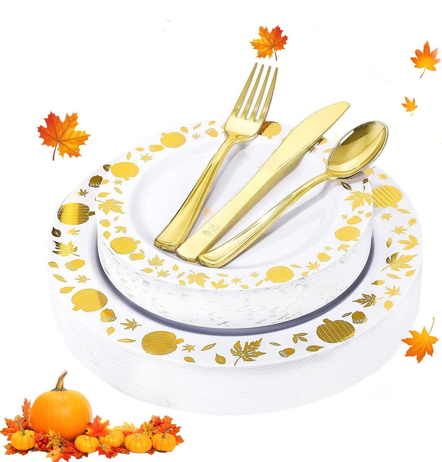 WDF 150pcs Gold Plastic Plates with Disposable Plastic Silverware - Premium Thanksgiving Dinnerware Sets for Thanksgiving Day&Parties