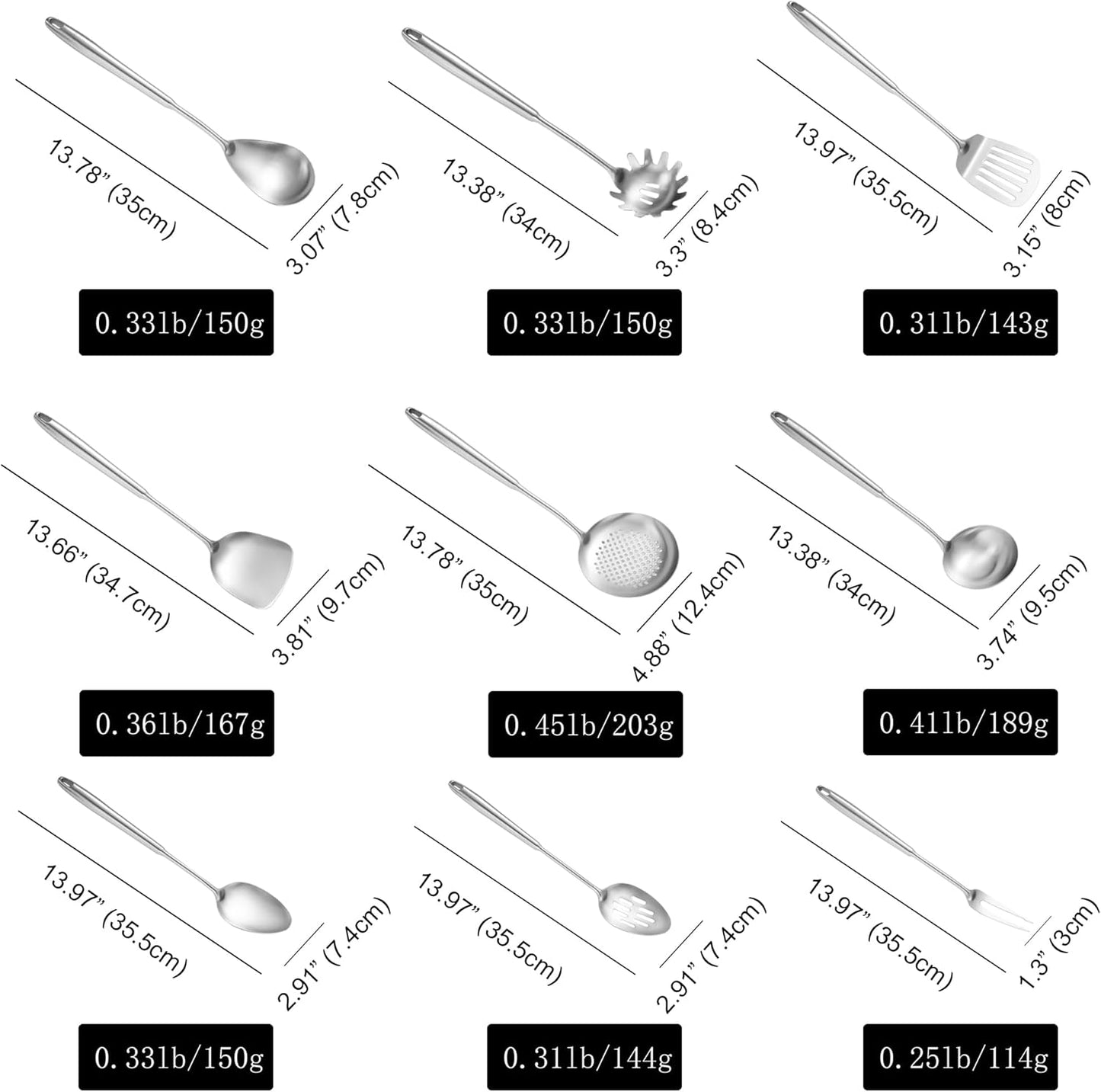 18/10 Stainless Steel Kitchen Utensils, 9-Piece All Metal Cooking Utensil Set 14” with Solid Spoon, Slotted Spoon, Fork, Spatula, Ladle, Skimmer, Slotted Turner, Spaghetti Server, Large Spoon
