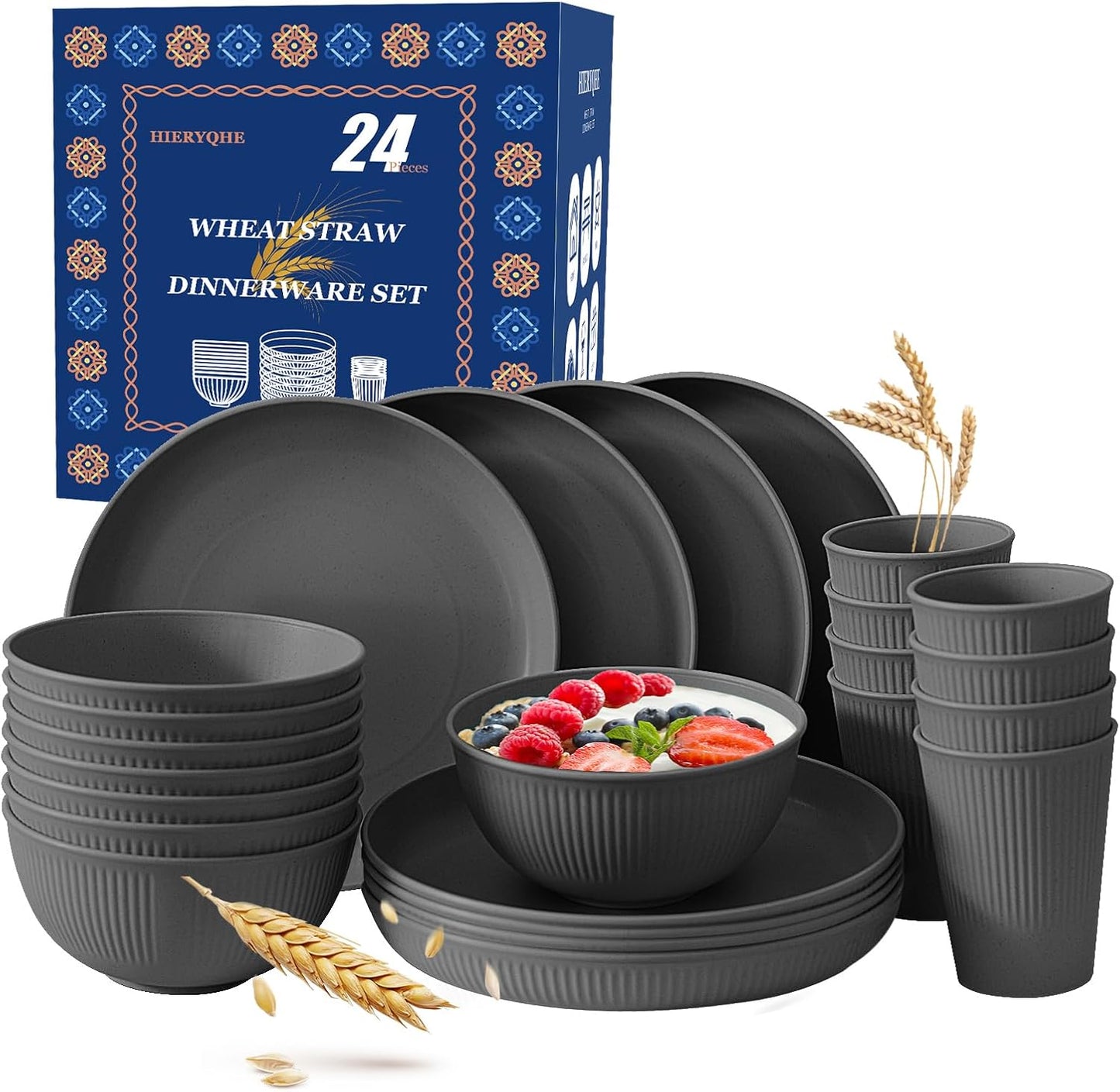 24pcs Wheat Straw Dinnerware Sets For 8, Unbreakable Plates and Bowls Wheat Straw Dinnerware Microwavable Cups Plates and Bowls Sets Shatterproof For Outdoor Kitchen Camping