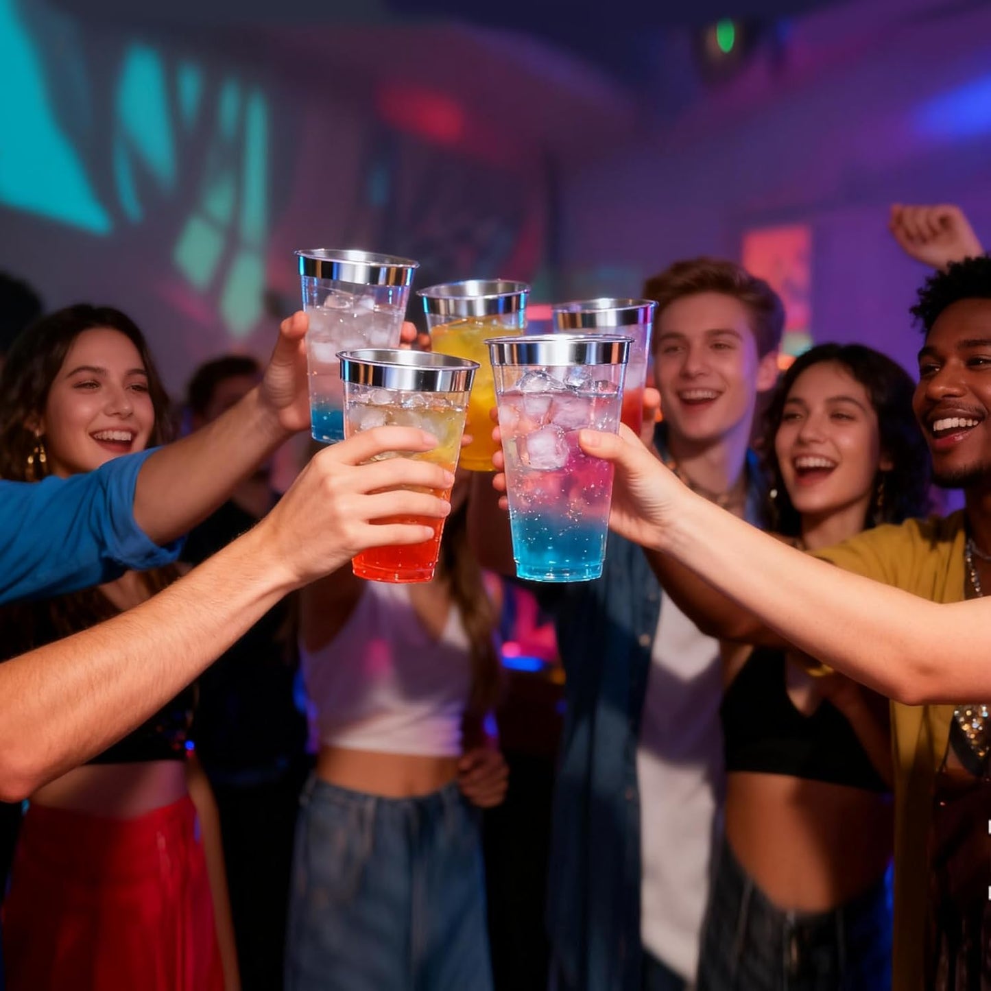 100 Pcs Silver Plastic Tumblers - 16 oz Clear and Silver Rim Plastic Wine Cups, Big Size Fancy Disposable Party Cup Beverage Drinking Cup for Party, Wedding, Halloween, Thanksgiving & Christmas