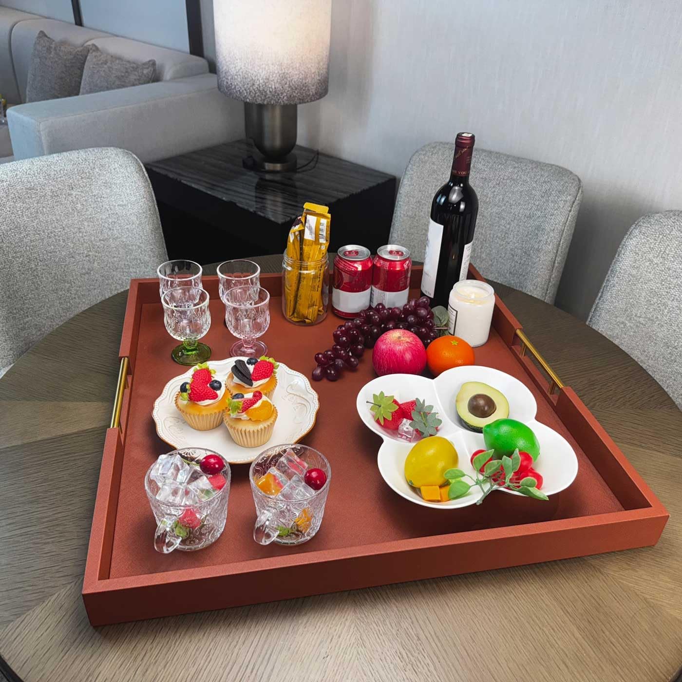 24x24 Inches Extra Large Brown Faux Leather Wrapped Wood Ottoman Tray with Golden Handles for Serving Food and Breakfast On Bed Square Coffee Table Organizer Home Decor and Decorative