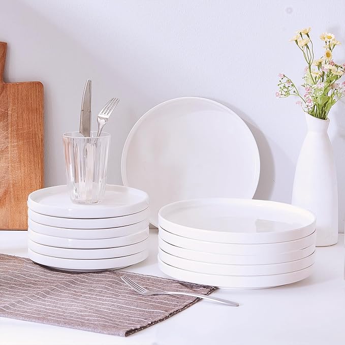 AntoKueh White Ceramic Flat Dinner Plates Set of 6, 10.3 Inch High Edge Porcelain Plates, Large Dish Set for Pizza, Steak, Dishwasher/Microwave safe