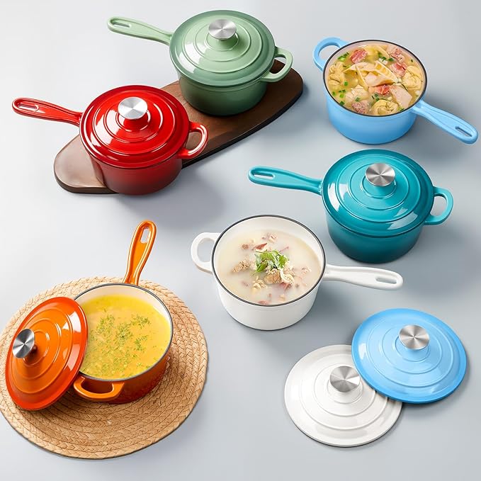 Enameled Cast Iron Sauce Pan with Lid, Leonyo 1 Quart Saucepan with Lid, Small Enamel Cast Iron Dutch Oven Kitchen Cookware for All Cooktops Cooking Soup, Milk - Up to 500°F & 4.4Lbs, Lake Blue