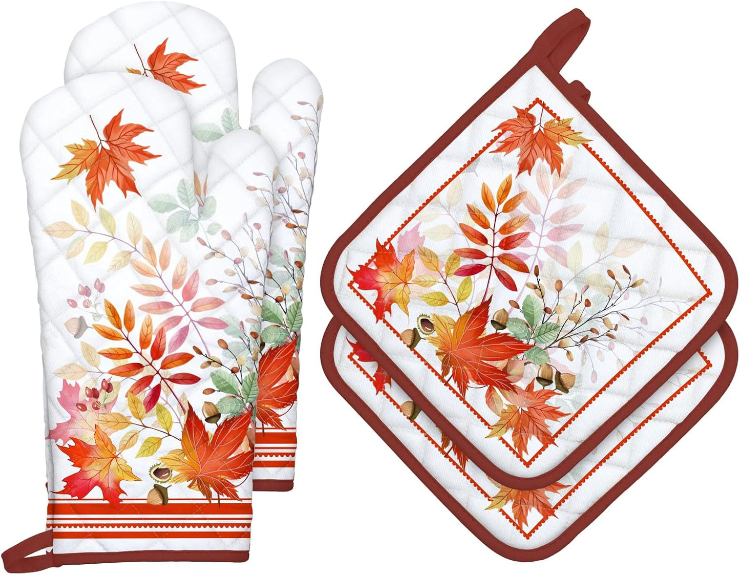 Fall Mapel Leaf Oven Mitts and Pot Holders Sets 4Pcs, 100% Cotton Heat Resistant, Extra Long Oven Gloves Potholder for Kitchen Cooking Baking Decoration