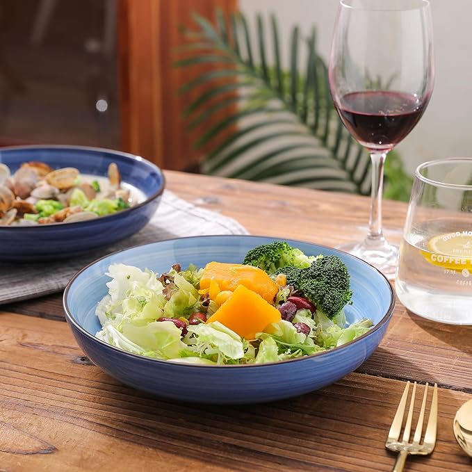 Selamica Ceramic 16-Pieces Dinnerware Set, Ceramic Dishes Set for 4, Kitchen Plates and Bowls Sets, Dinner Plates Set, Spray Black Dots, Gradient Blue