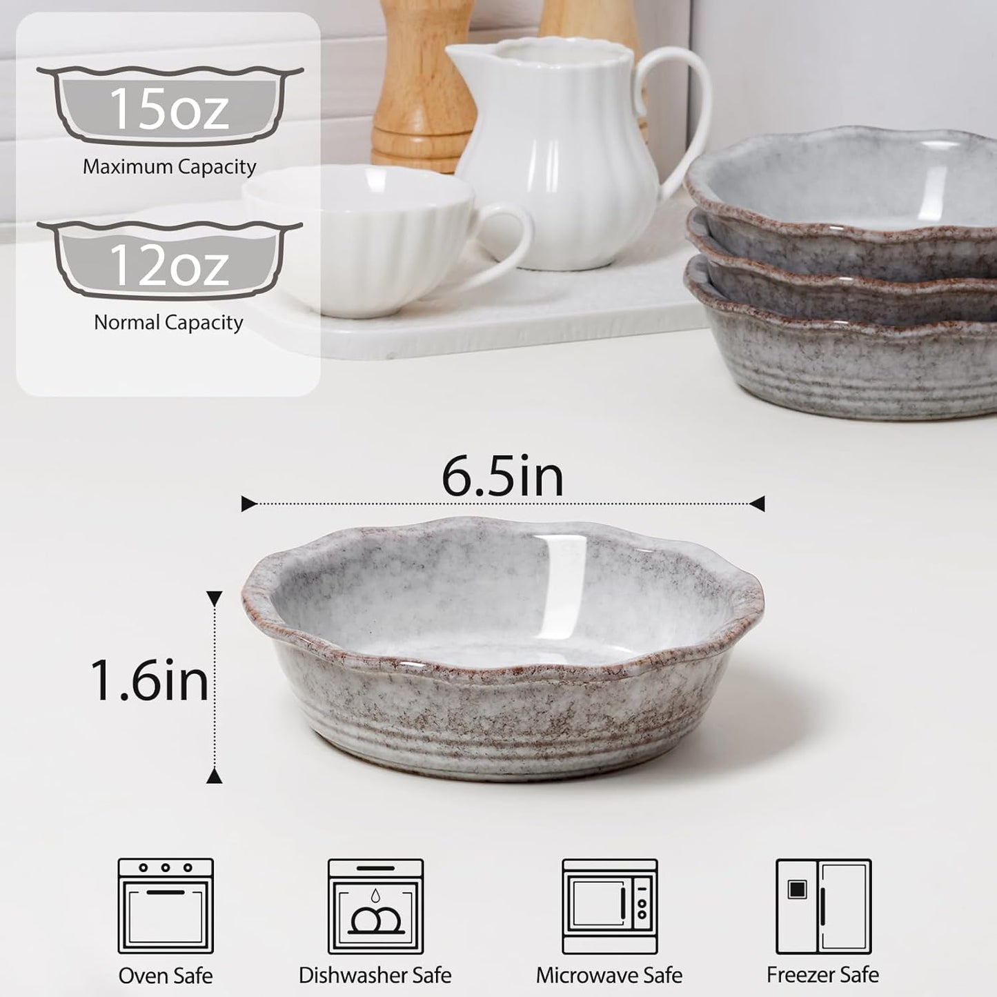 NUTRIUPS Small Pie Pans Set of 4, 6.5 Inch Ceramic Mini Pot Pie Baking Dishes, Oven Safe (6.5in, Grey, 4PCS)