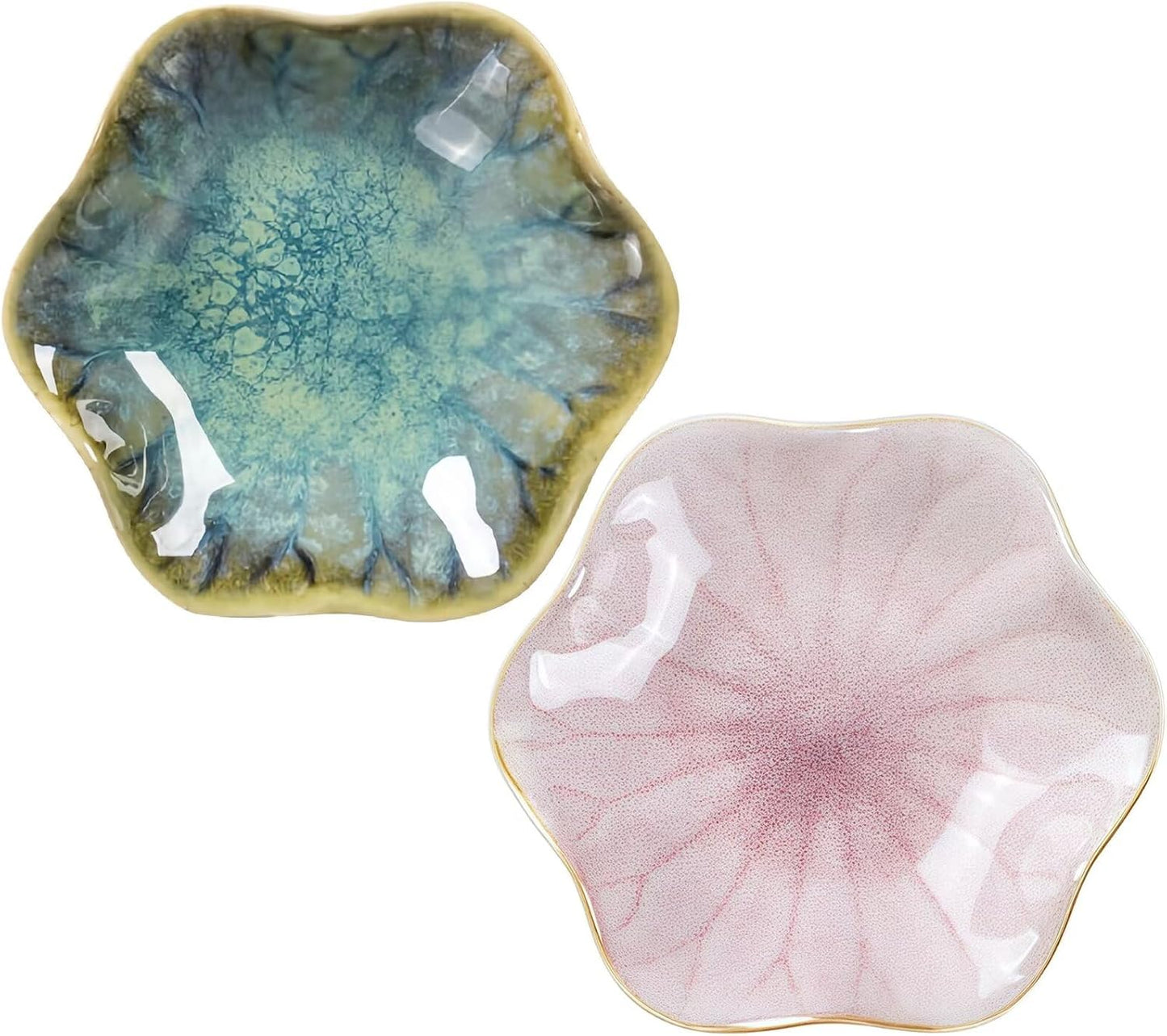 2Pcs Ceramic Jewelry Dish - Lotus Leaf Shape, for Ring Holder Necklace Small Key, Suitable for Mother Friend Sister, Gifts for Women, Cute Plate Trinket Tray, Home Decor (Crystal Green & Pink)