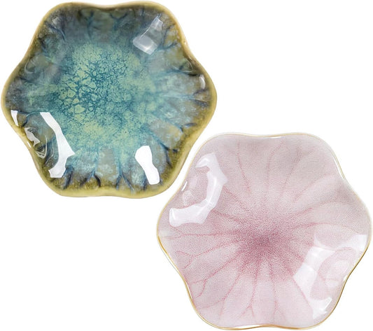 2Pcs Ceramic Jewelry Dish - Lotus Leaf Shape, for Ring Holder Necklace Small Key, Suitable for Mother Friend Sister, Gifts for Women, Cute Plate Trinket Tray, Home Decor (Crystal Green & Pink)
