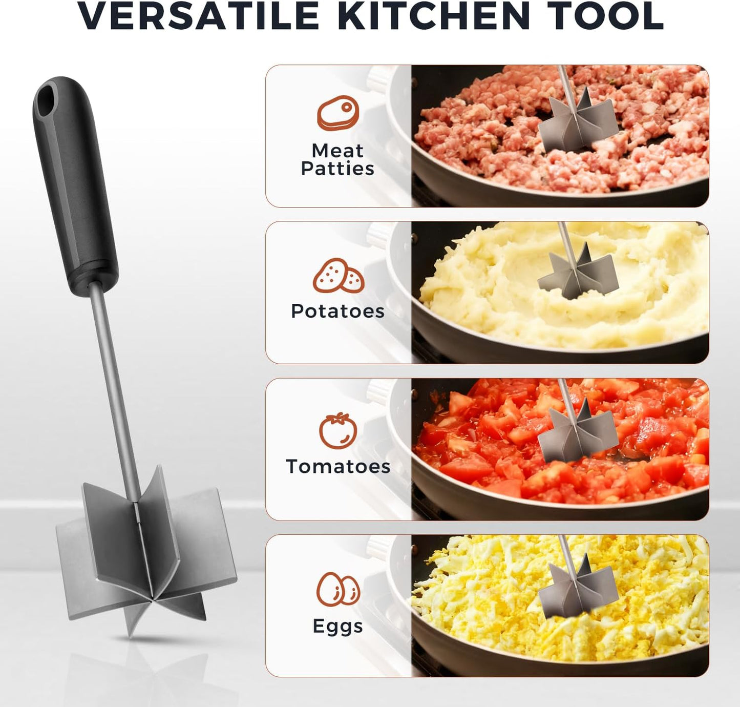 Stainless Steel Meat Chopper & Masher, Coinicxcel 10 Inch Heat Resistant Ground Beef Chopper Tool with 6 Curve Blades & Egonomic Non-Slip Handle, Heavy-Duty Hamburger Smasher Tool Dishwasher Safe