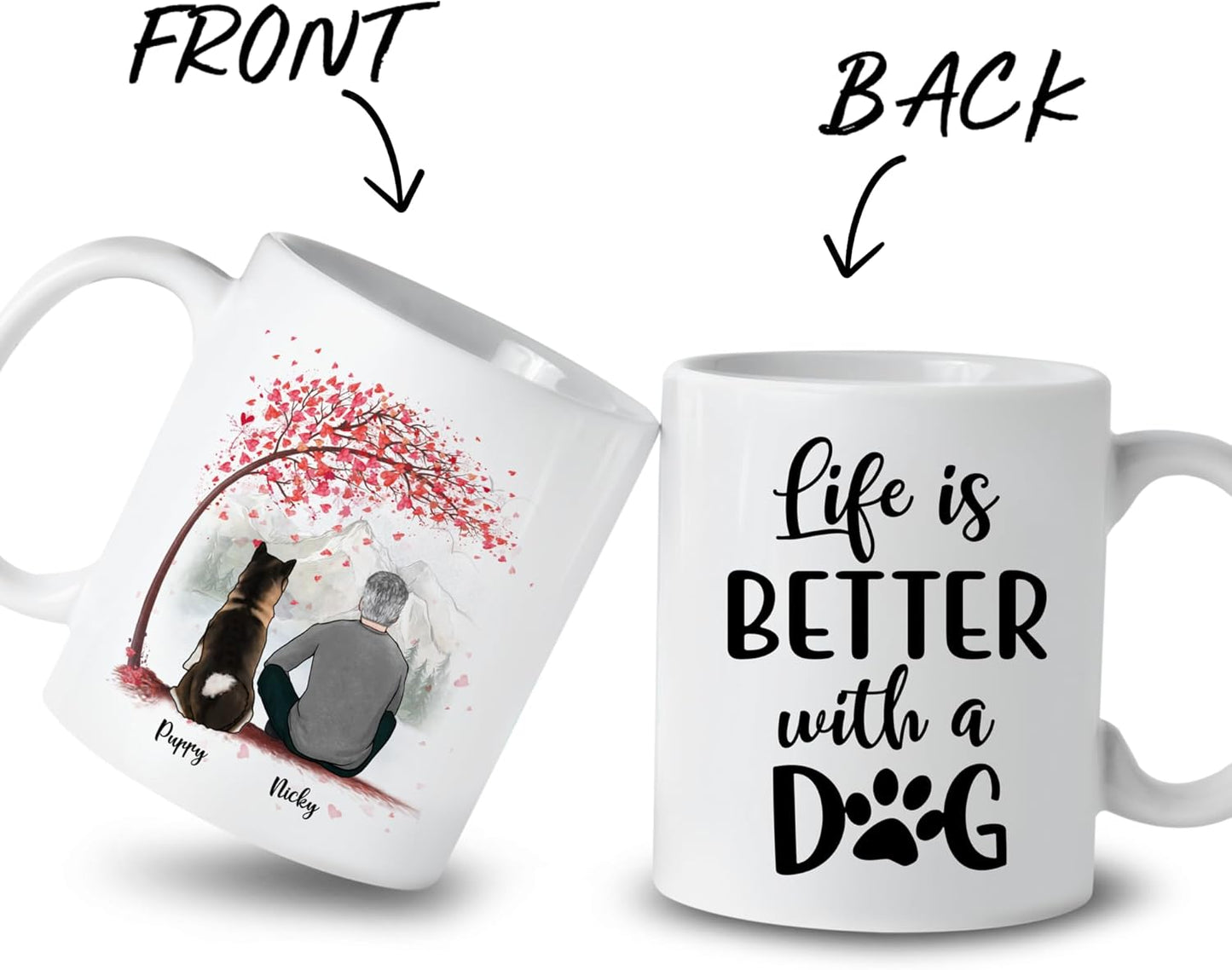 Gossby Personalized Dog Mug - Life is Better with a Dog (Man - Dog - Pink Tree) - 11oz, 15oz Customizable Dog Lover Mug for Dog Dad - Personalized Dog Dad Gifts for Dog Owners - White, Two-tone Mug