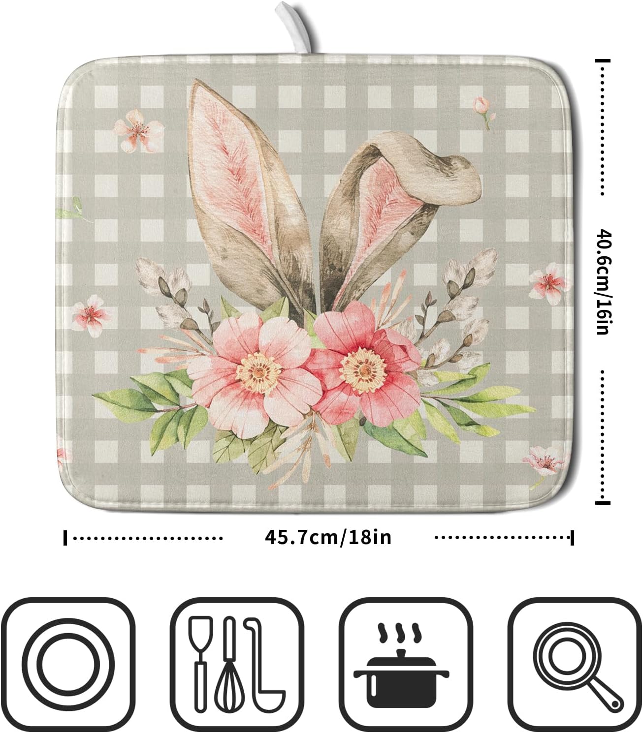 Spring Easter Dish Drying Mats for Kitchen Counter 16×18 Inch Cute Bunny Flowers Small Microfiber Drying Mat Kitchen Accessories Dish Rack Mat Drainer Pad Washable Absorbent