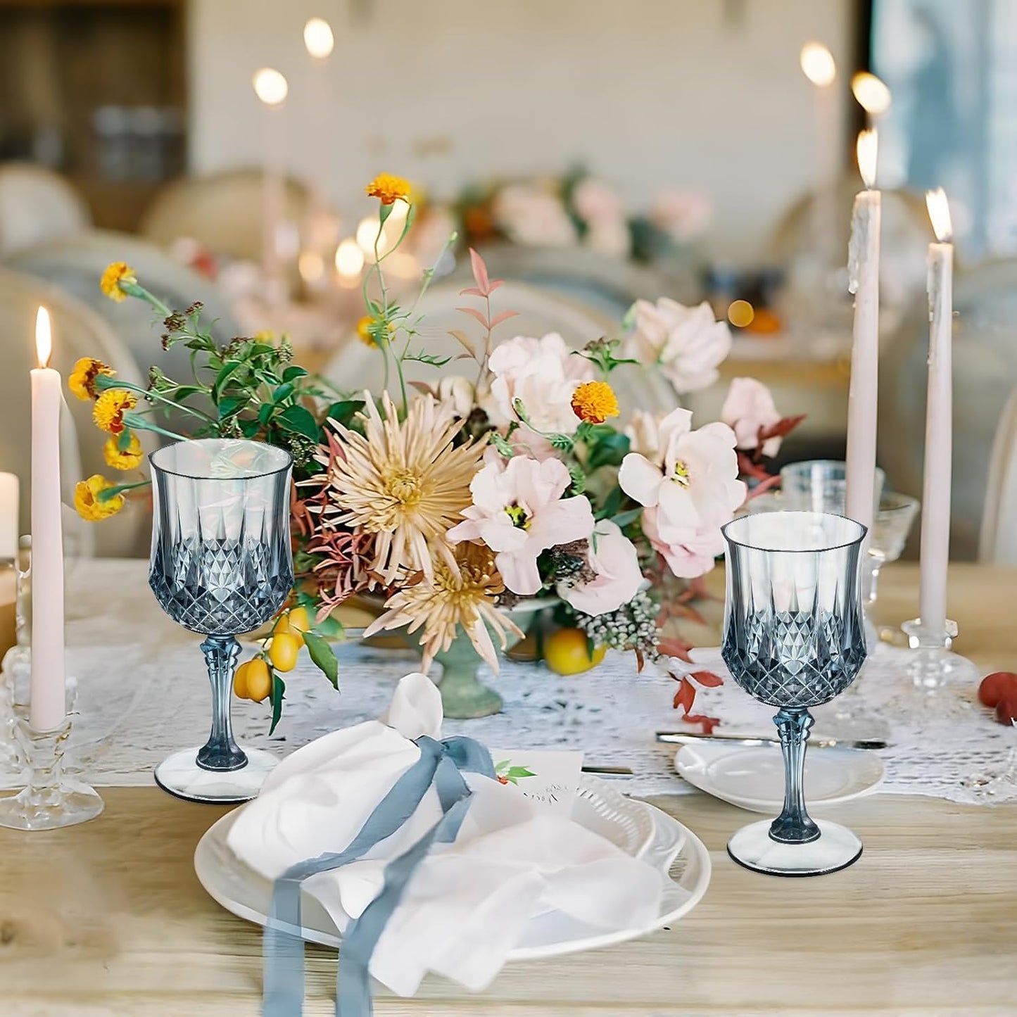 7OZ Plastic Wine Glasses, 10Pcs Blue Reusable Drinking Cups Vintage Champagne Flutes, Plastic Crystal Water Goblets for Parties Stemmed Shatterproof Drinking Glasses for Wedding, Toasting Party