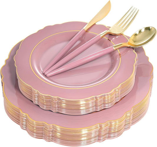 Nervure 100Pcs Mauve Pink Plastic Plates - Mauve and Gold Plastic Dinnerware Sets for 20 Guests - 20 Dinner Plates, 20 Dessert Plates, 20 Forks, 20 Knives and 20 Spoons for Wedding & Party
