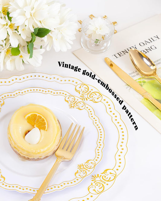 Ciaell 350 PCS Gold Plastic Plates - White and Gold Plates - Gold Disposable Plates Include 50 Disposable Plate, 150 Heavy Duty Silverware, 50 Cups, 50 Napkins for Wedding & Party & Thanksgiving