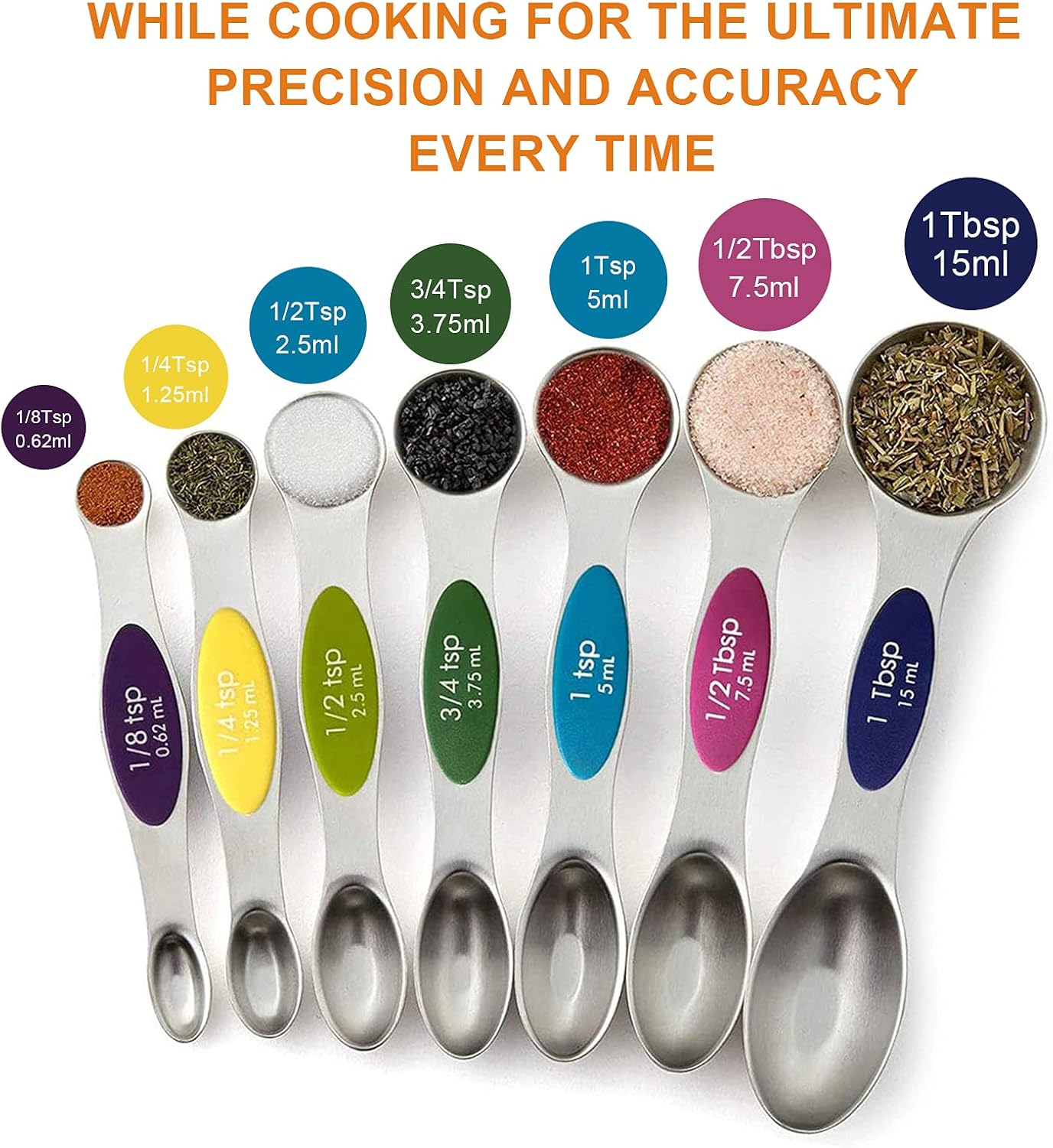 Magnetic Measuring Spoons Set - Stainless Steel Stackable Dual Sided Teaspoon Tablespoon for Measuring Dry and Liquid Ingredients, Measuring Spoons for Cooking & Baking, Fits in Spice Jars, Set of 8