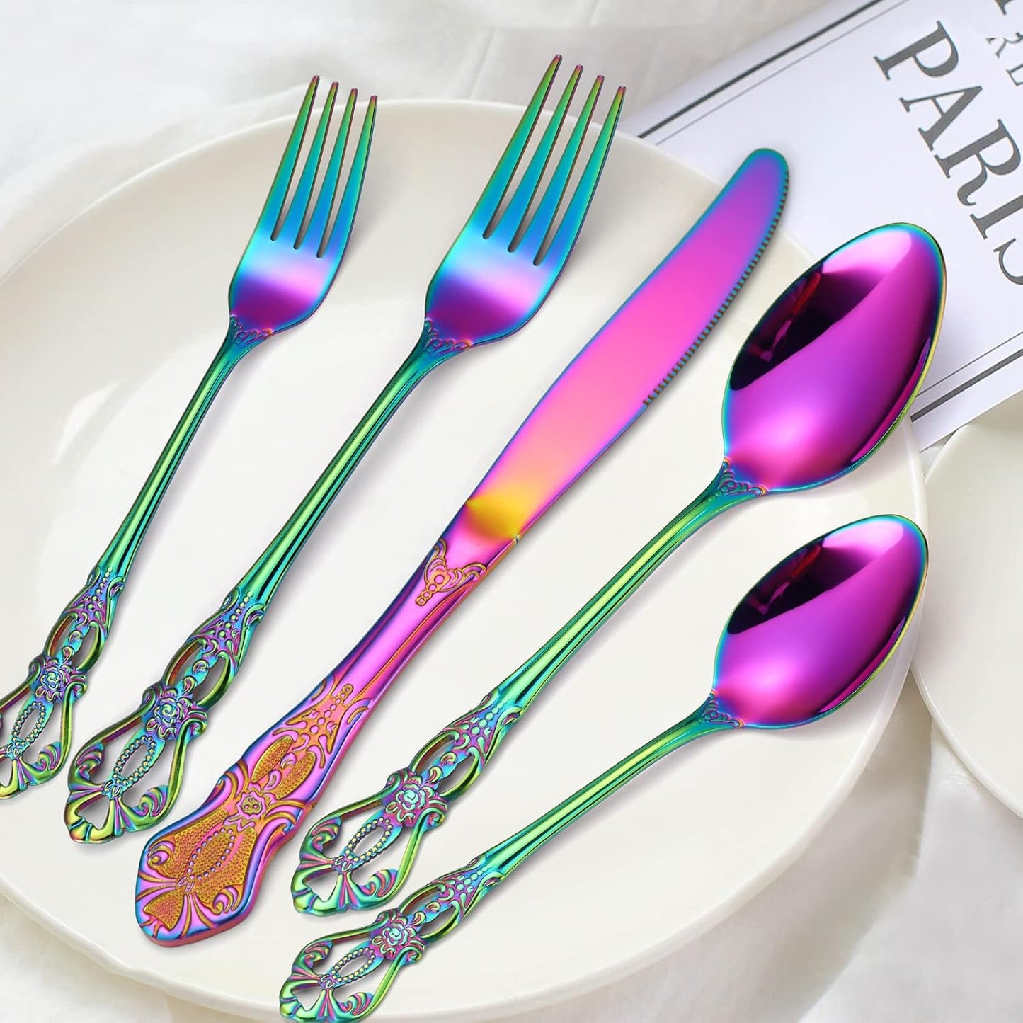 Retro Silverware Rainbow Set for 4 Stainless Steel Flatware 20 Pieces include Knives Spoons Forks With Vintage Relief Design Handle Durable Elegant Festival Parties Kitchen Utensils