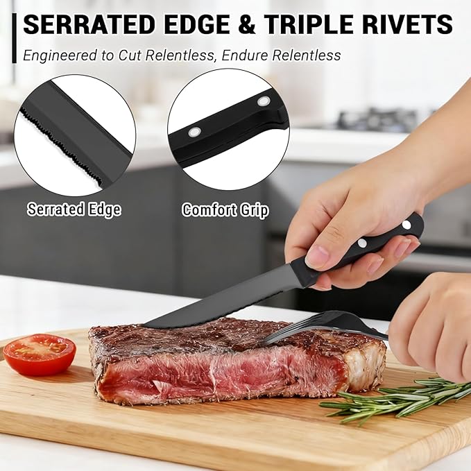 BEWOS 72-Pieces Black Silverware Set for 12 - Stainless Steel Flatware Set with Mirror Polish, Black Silverware Set Including Steak Knives, Forks and Spoons, Dishwasher Safe for Restaurant