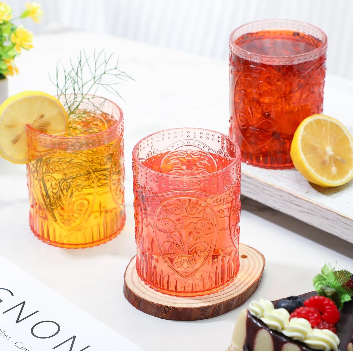 6 Plastic Vintage Drinking Glasses 8.5oz Stemless Retro Embossed Wine Glasses Shatterproof Reusable Cups for Baby Shower Wedding Reception Grand Event Party (Pink)