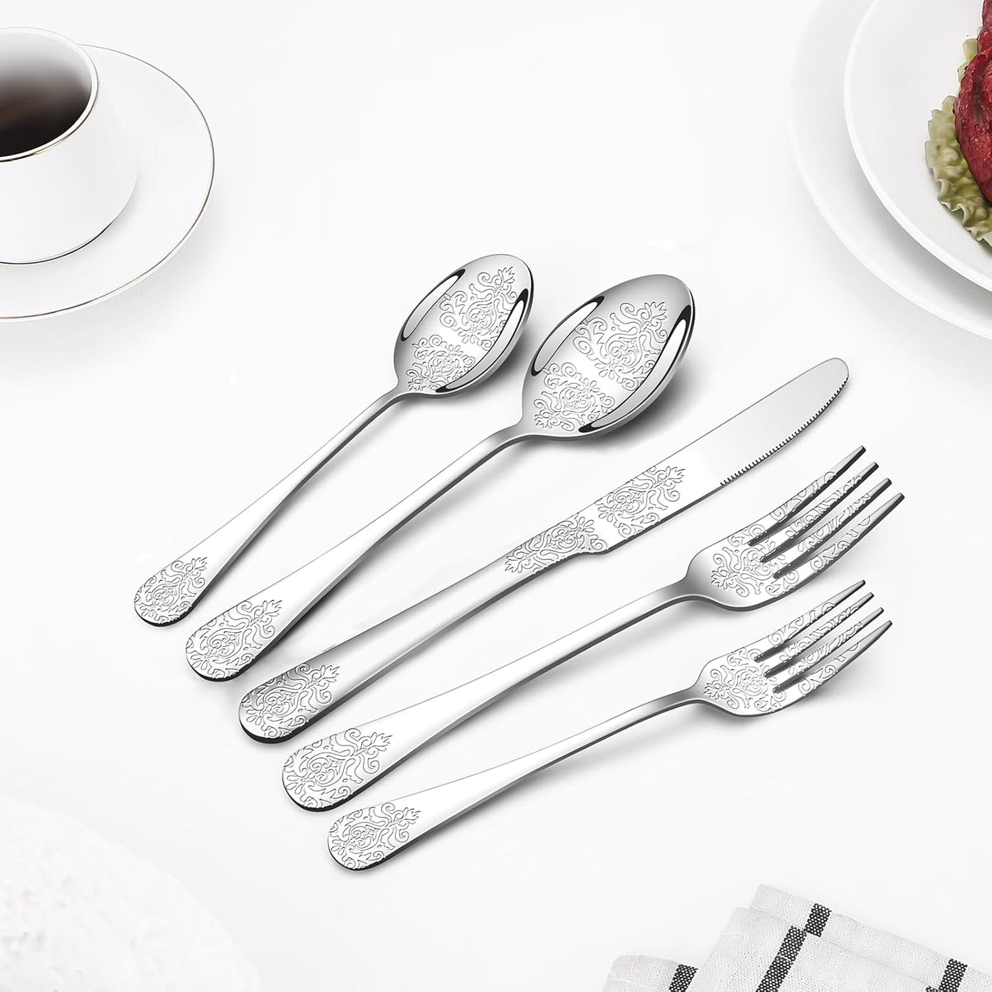 40 Pcs Silverware Set for 8 with Classical Flower Embossed Design, Food Grade Stainless Steel Flatware Set, Eating Utensils Sets Include Fork/Knife/Spoon, Reusable Cutlery Set, Dishwasher Safe