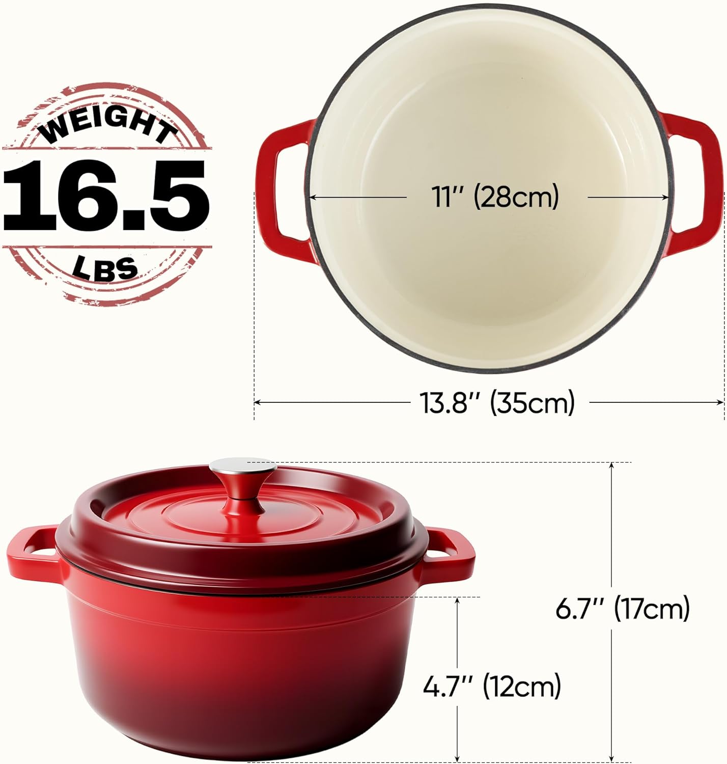 7 Quart Dutch Oven Pot with Lid, Non Stick Enameled Cast Iron Dutch Oven for Bread Baking, Heavy-Duty, Oven Safe Ceramic Cookware Up to 500°F for Baking, Braising, Stews, Roasting, Red