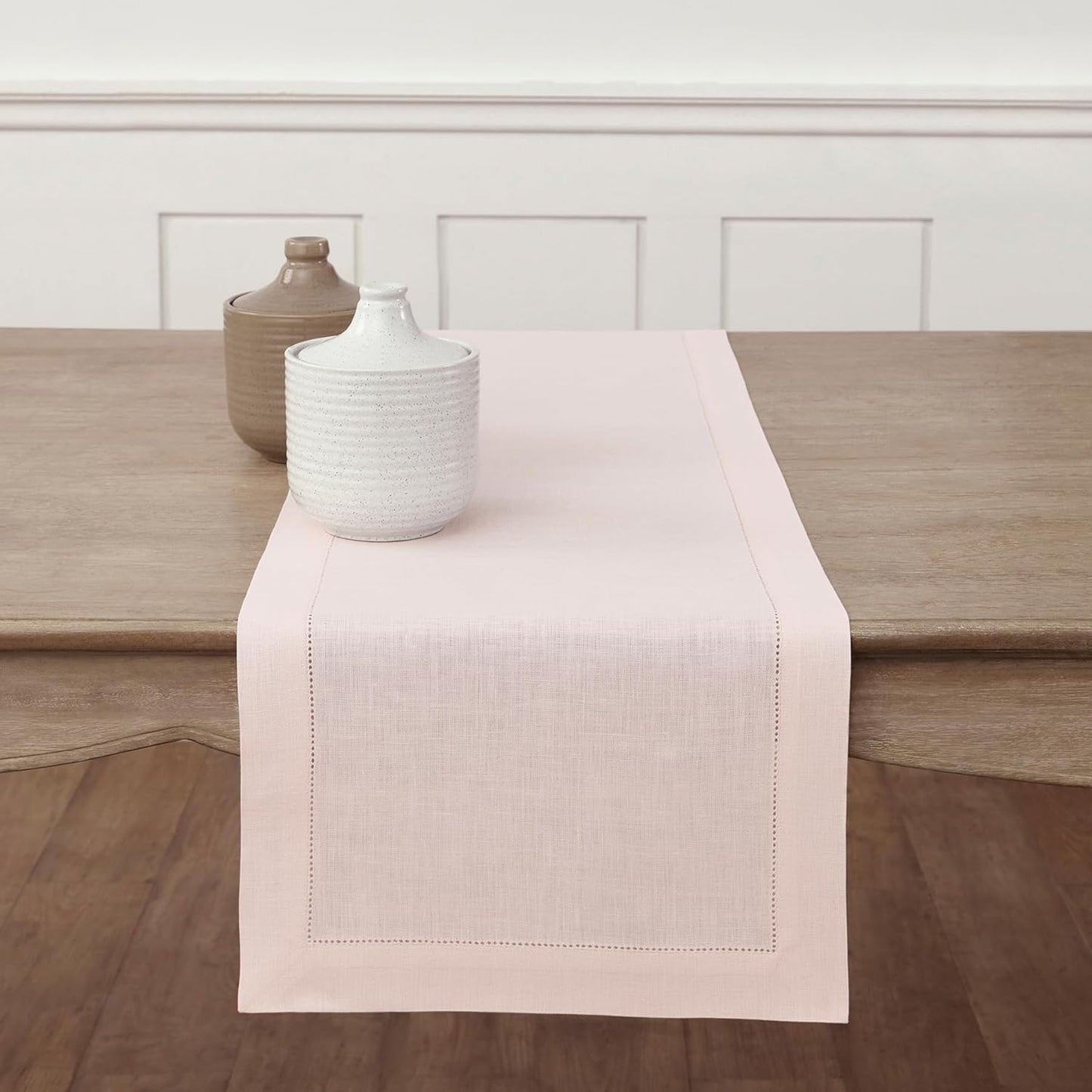 Solino Home Linen Pink Table Runner 48 Inches - Classic Hemstitch, 100% Pure Linen Coffee Table Runner 14 x 48 Inch Ideal for Dresser Tables - Halloween