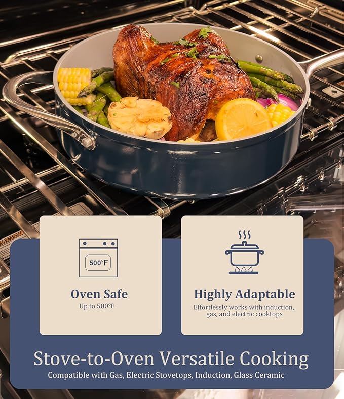 Nonstick Ceramic Frying Pan 10 Inch Induction Compatible - Non Toxic, PTFE/PFOA/PFAS Free, Oven & Dishwasher Safe up to 500°F - Non Stick Small Skillet with Stay-Cool Handle - Navy Blue