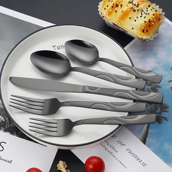 Black Silverware Set, 30 Pieces Stainless Steel Flatware Utensils, Cutlery Set Service for 6 Including Fork Spoon and Knife, Dishwasher Safe