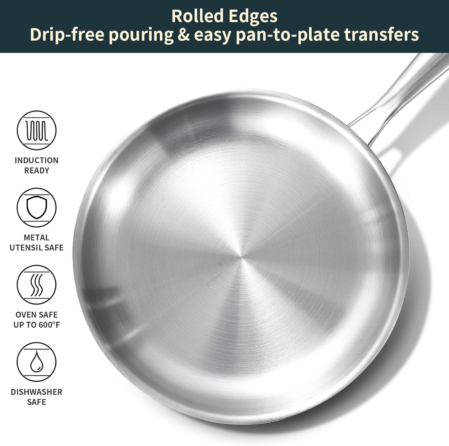 DELARLO Tri-Ply Stainless Steel Skillet, 9 inch Frying Pan, All Stove Compatible Up to 600℉, Fast Even Heat, Steak Pan, Heavy Duty Omelette Pan, Kitchen Small Egg Frying Pan 9in