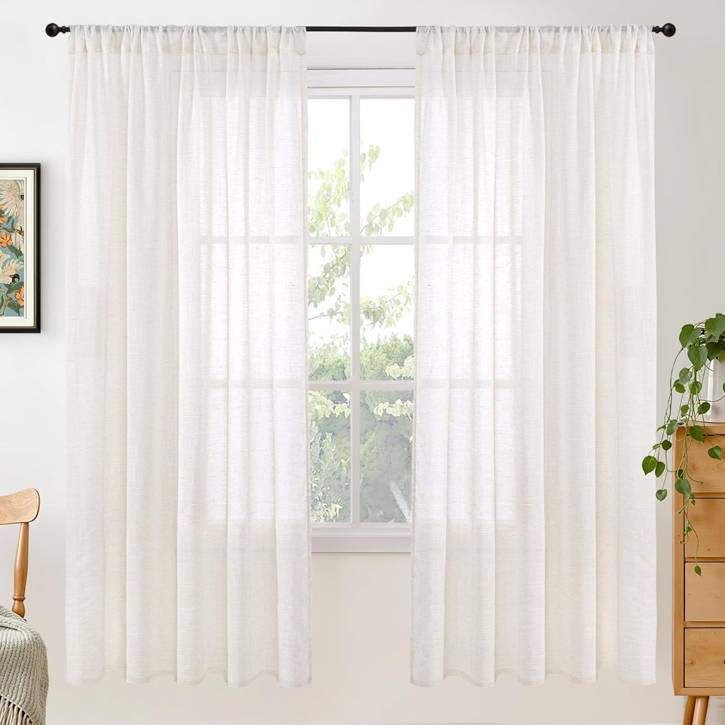 BGment Linen Semi Sheer Curtains 72 Inch Length for Living Room - Rod Pocket Natural Textured Ivory Window Drapes Light Filtering for Bedroom Dining Lightweight Rustic, 2 Panels Set, 52 X 72 Inch