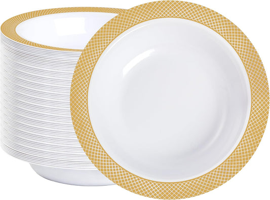 I00000 100 Gold Plastic Bowls, 12 oz White Disposable Bowls,Fancy Plastic Salad Bowl,Premium Heavy Duty Disposable Soup Bowl for Parties,Weddings,Dinners, Catering, Picnics