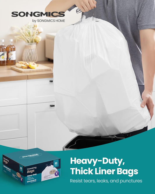 SONGMICS Trash Bags for 13-Gallon (50 L) Trash Cans, Drawstring Kitchen Garbage Bags, Pre-Separated, Quick-Dispense Box, Liner Code K, 2 Rolls, 80 Count, White UKRB051A02