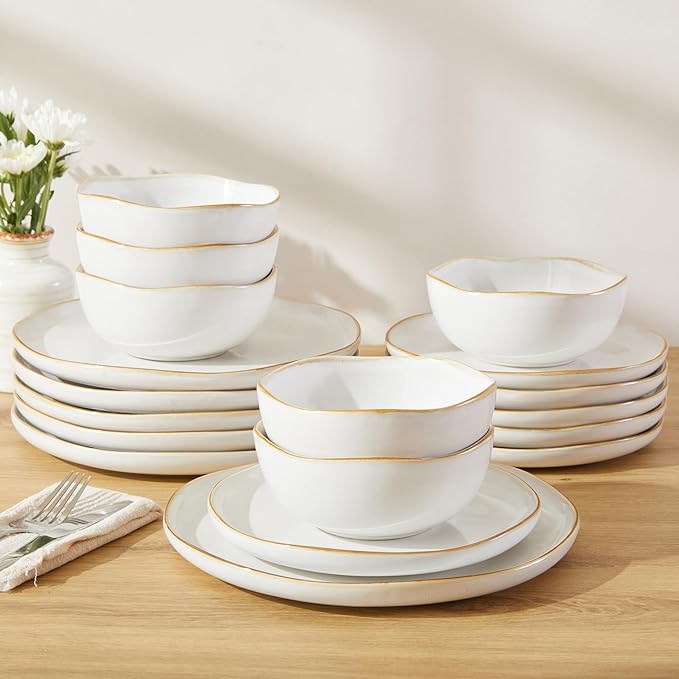 18 Piece White Reactive Glaze Dinnerware Set for 6, Irregular Coastal Shape Stoneware | Elegant & Minimal Design for Daily Family Dinners or Weekend Guests
