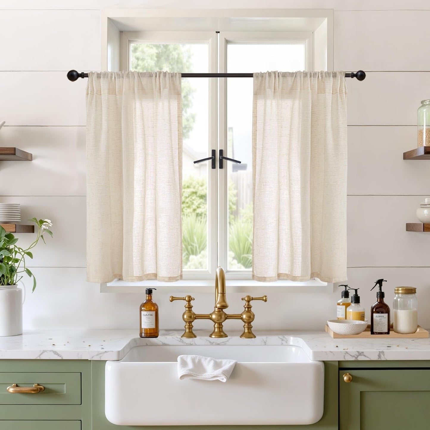 BGment Short Natural Linen Curtains 36 Inch Length for Windows, Small Sheer Drapes Lightweight Rustic Textured for Bathroom Over Sink Cafe Decor Rod Pocket, 2 Panels Set, 24 Inch Wide