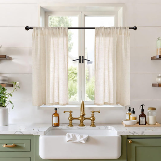 BGment Short Natural Linen Curtains 36 Inch Length for Windows, Small Sheer Drapes Lightweight Rustic Textured for Bathroom Over Sink Cafe Decor Rod Pocket, 2 Panels Set, 24 Inch Wide