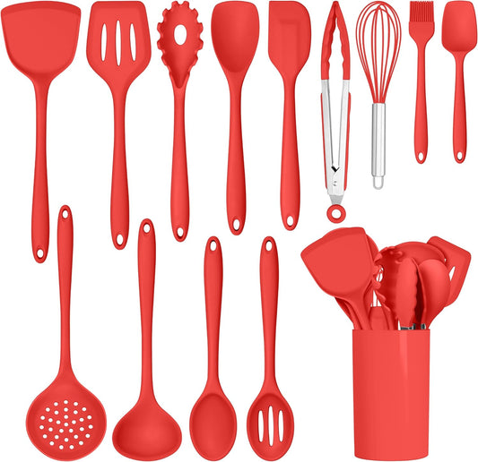 HaWare Kitchen Utensils, 14 PCS Silicone Cooking Utensils Set, Heat Resistant Kitchen Utensils for Non-stick Cookware, Kitchen Gadgets Tools with Spoons, Spatulas, Whisk, Dishwasher Safe (Red)