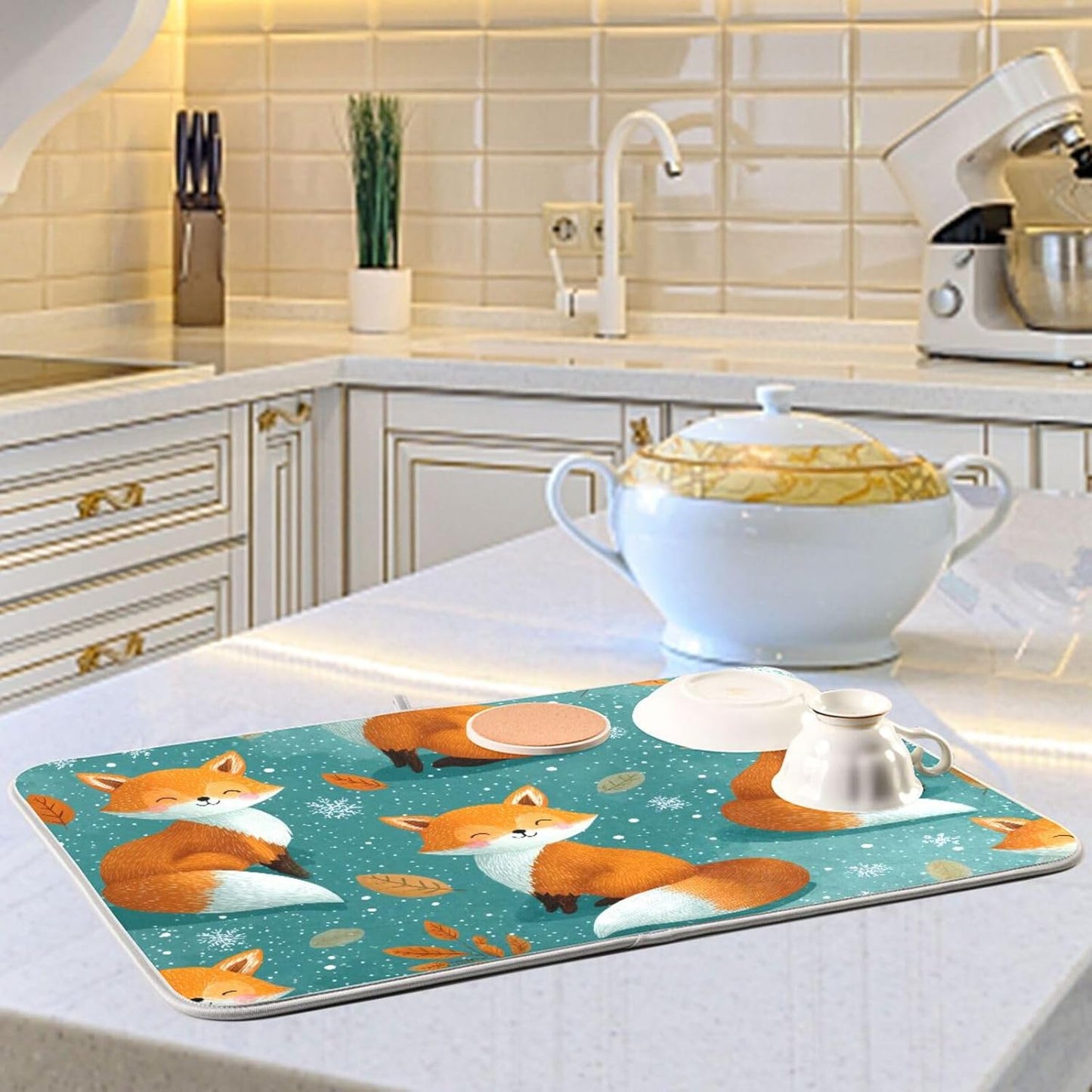 Cute Foxes Snow Pattern Dish Drying Mat for Kitchen Counter Super Absorbent Dishes Pad Reversible Microfiber Protector Dish Draining Mats 18x24 inch