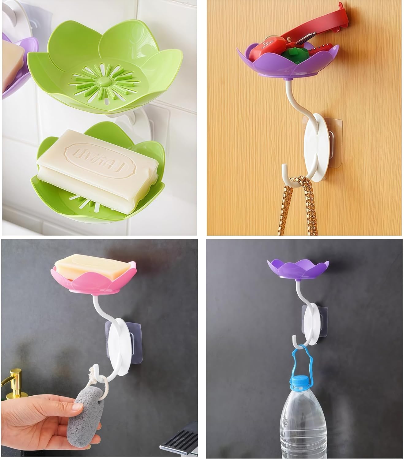 2 Pack Soap Dish Holder for Shower Bar Double Layer Cute Lotus Shape Adhesive Tray Sink Wall Mounted Shampoo NO-Drilling Self Draining Hanging Saver Rack Plastic Bathroom Bathtub Kitchen，Pink+Green