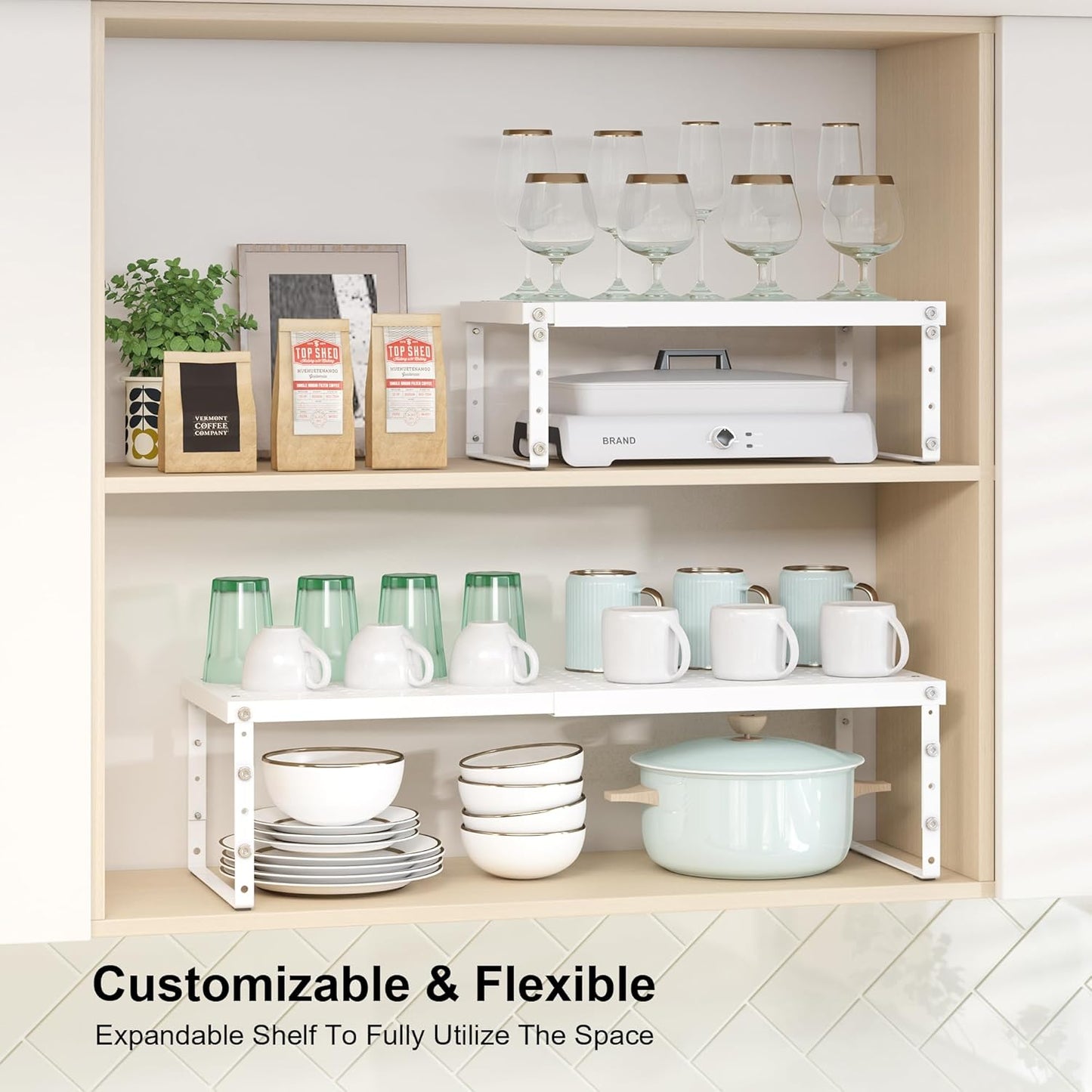 Expandable Cabinet Organizer Shelf With Adjustable Height, Stackable Kitchen Countertop Organizer Rack, Adjustable Shelf Riser For Kitchen Counter, Pantry, Cupboard, Desk, Tabletop