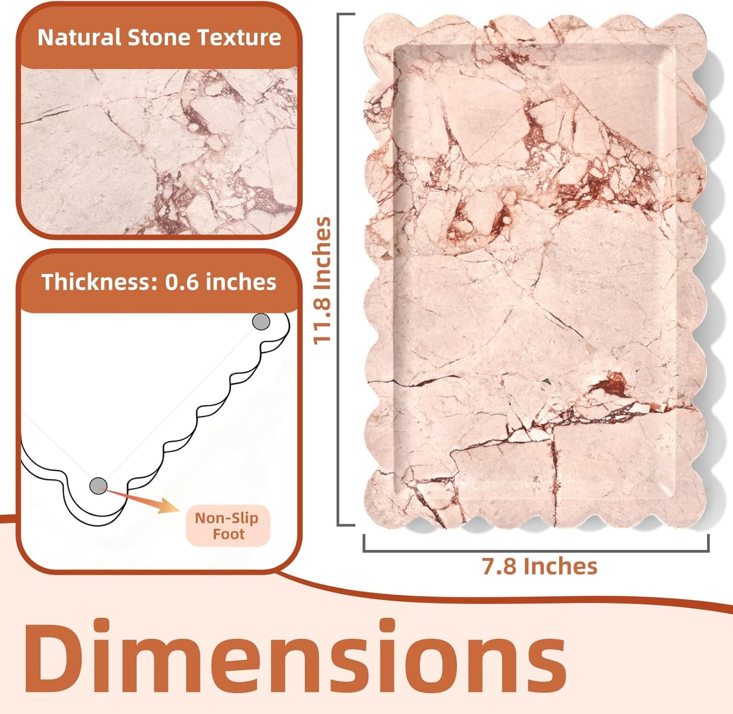 Yew & Tulip Natural Marble Vanity Tray with Scalloped Rim, Nature Rose Pink Luxury Stone Serving Tray for Bathroom, Kitchen, Vanity, Home Decor, Wedding etc. (12"x 8" x 0.6")