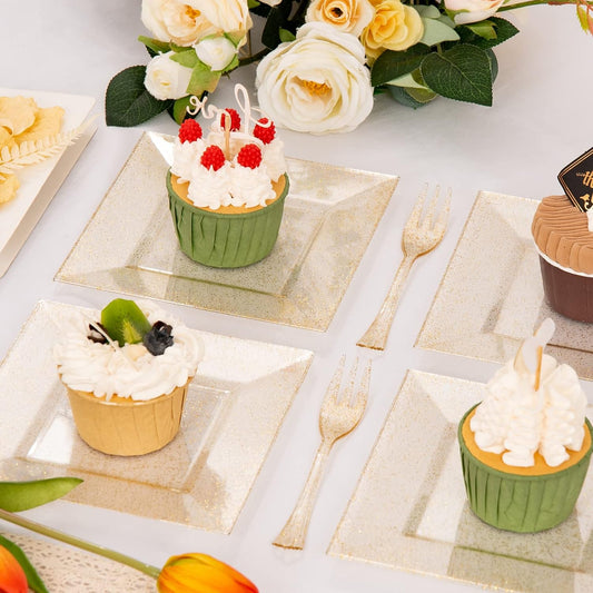 DaYammi 200Pcs Gold Dessert Plates Including 100Pcs Appetizer Plates 6",100Pcs Plastic Forks 5.7",Gold Glitter Plastic Square Plate for Party,Gold Salad Plate and Cake Forks for Wedding Birthday