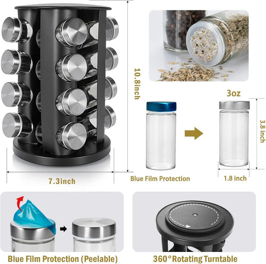 Black Countertop Rotating Spice Rack, 16-Jars Revolving Spice Rack Organizer Tower, 135 Spice Labels with Funnel Complete Set, Seasoning Organizer for Kitchen Countertop, Cabinet