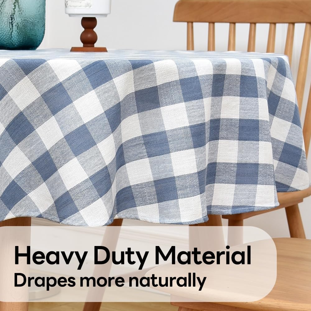 Gingham Round Tablecloth Table Cloth Heavy Duty Cotton Checkered Table Cloth Round Cover for Dining Room(R-Blue, 53 inch Diameter)