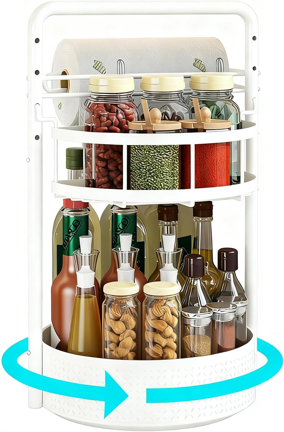 Lazy Susan Organizer, 360° Rotating Metal Spice Rack with Paper Towel Holder, Turntable Spice Holder for Condiments, Bottles, Jars, Suit for Kitchen Countertop & Cabinet, White