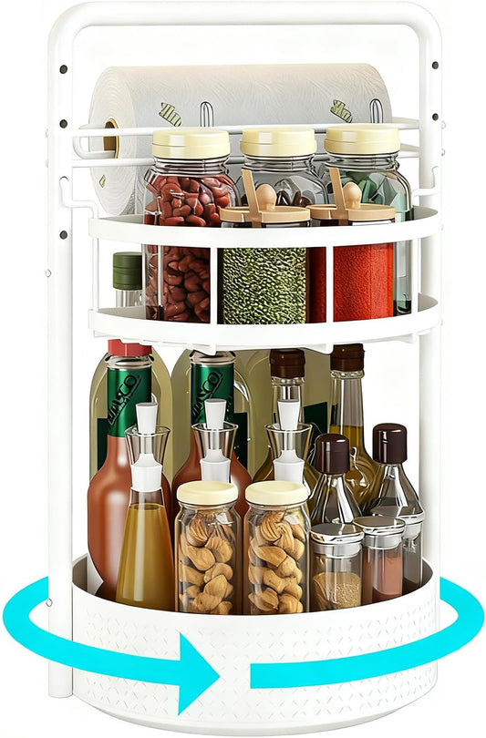 Lazy Susan Organizer, 360° Rotating Metal Spice Rack with Paper Towel Holder, Turntable Spice Holder for Condiments, Bottles, Jars, Suit for Kitchen Countertop & Cabinet, White