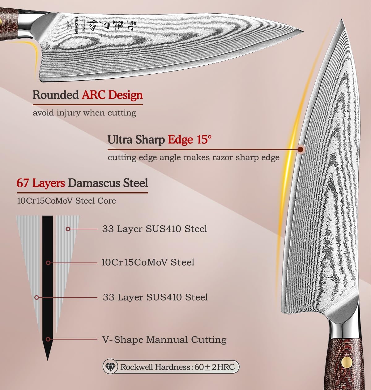 HEZHEN Damascus Chef Knife with Sheath, 8.3 Inches, 67 Layers Dmascus Steel Japanese Kitchen Knifefor Professional Chefs and Family, Micarta Handle,Gift Ready