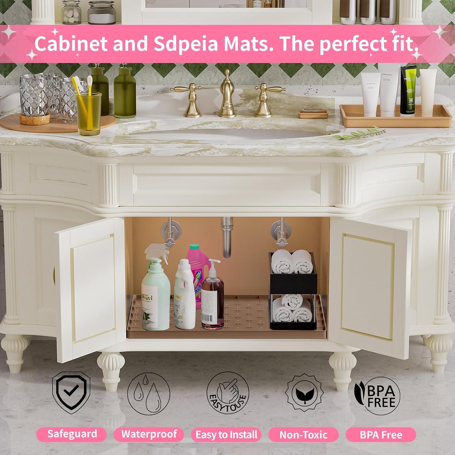 Sdpeia Under Sink Mat for [28" x 19"] Cabinet, Upgraded Silicone Waterproof Mat Kitchen Cabinet Liner Cabinet Protector Kitchen Organizers and Storage